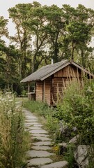 Tranquil rustic log cabin retreat hidden within the wild summer forest, approached by a peaceful stone path.