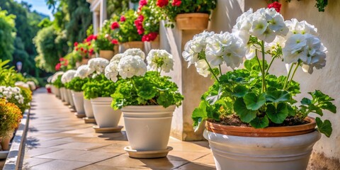 Closeup of White Pelargonium Crispum Flowers in Pots in Southern Italy Garden Walkway with Lush Vegetation and Outdoor Garden Design in Puglia