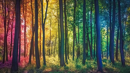 Fototapeta premium A Rainbow of Trees in a Sun-Dappled Forest