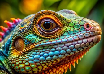 Fototapeta premium Close-up Portrait of a Colorful Lizard with Scaly Skin - Vibrant Wildlife Photography for Nature Enthusiasts and Animal Lovers