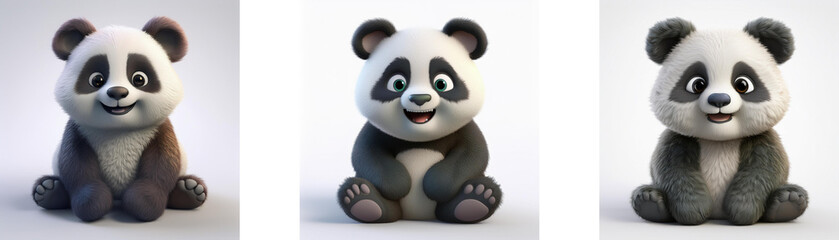 Fototapeta premium Three cartoon pandas sit with paws crossed and smiling.