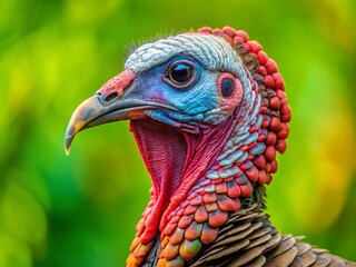 Close-Up Portrait of a Wild Turkey Against a Smooth Green Background - Nature Photography of Wildlife, Avian Beauty, and Natural Habitat