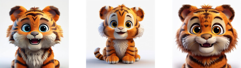 Three cartoon baby tigers with orange and black stripes are sitting and smiling, isolated on a white background.