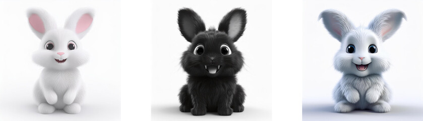 Obraz premium Three cartoon bunnies in white, black, and grey, sitting and smiling, isolated on white background.