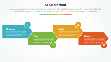 STAR method infographic concept for slide presentation with arrow shape right direction up and down with 4 point list with flat style