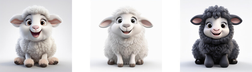 Fototapeta premium Three cartoon lambs, one white, one gray, and one black, sitting and smiling, isolated on white background.
