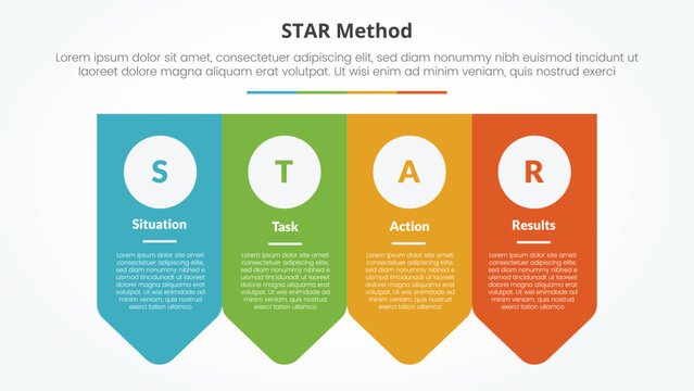 STAR method infographic concept for slide presentation with arrow badge shape bottom direction with 4 point list with flat style