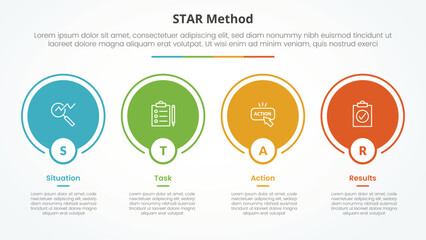 STAR method infographic concept for slide presentation with big circle outline on horizontal direction with 4 point list with flat style