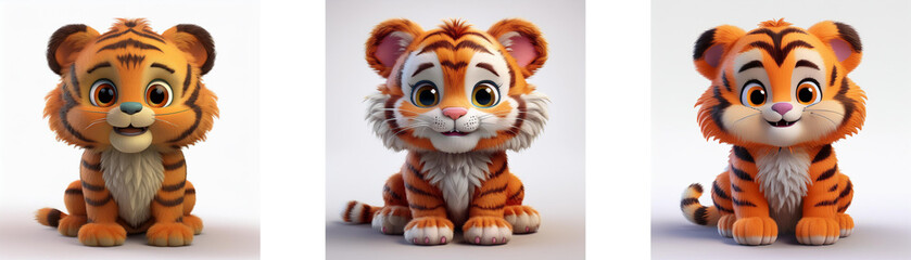 Fototapeta premium Three cartoon baby tigers sitting in a row, looking towards the viewer, isolated on white background.