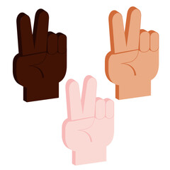 set of vector isometric hands with two fingers up in peace or victory symbol