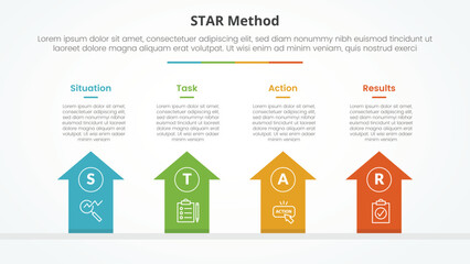 STAR method infographic concept for slide presentation with arrows top direction with 4 point list with flat style