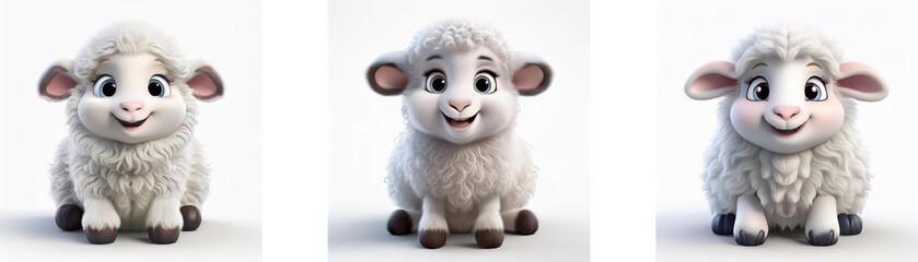 Three cartoon sheep are sitting, smiling, and looking directly at the viewer. They are isolated on a white background.