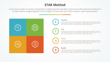 STAR method infographic concept for slide presentation with square box matrix with circle outline stack with 4 point list with flat style