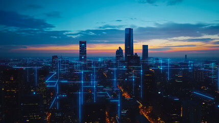 Fototapeta premium Smart digital city with connection cyber security network reciprocity over the cityscape . future smart wireless digital city and social media networking systems that connects people within the city