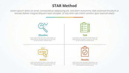 STAR method infographic concept for slide presentation with matrix structure and line divider with 4 point list with flat style