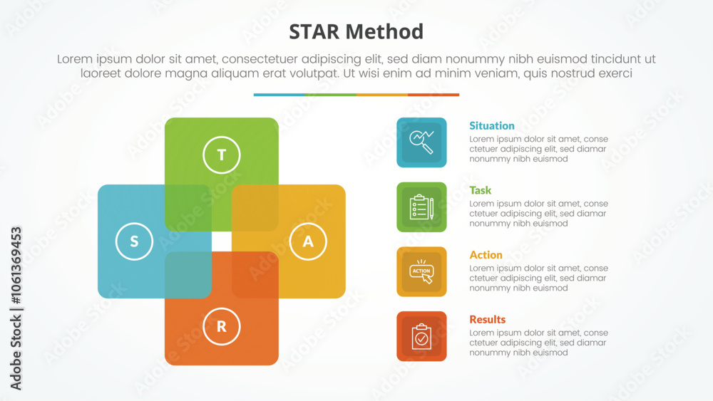 Poster star method infographic concept for slide presentation with square cycle circular with 4 point list 