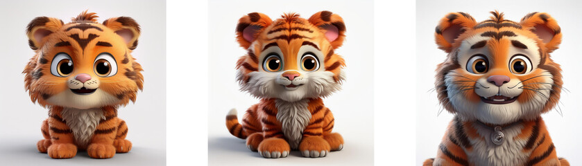 Three cartoon tiger cubs with orange and black stripes are sitting on their haunches looking at the viewer. The tiger cubs have large eyes, small noses, and a cheerful expression. They are isolated on
