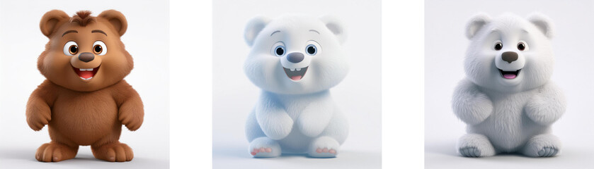 Obraz premium Three cartoon bears in different colors smiling, isolated on white background.