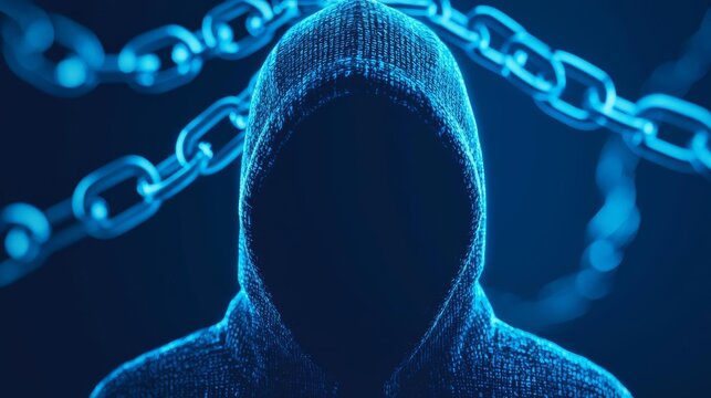 Hacker silhouette pulling at digital chains connected to a breached computer, cyber attack, data breach