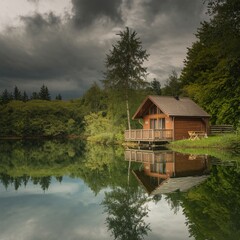 Obraz premium Scenic wooden log cabin perfectly reflected in a tranquil lake surrounded by dense forest under a dramatic and stormy overcast sky.