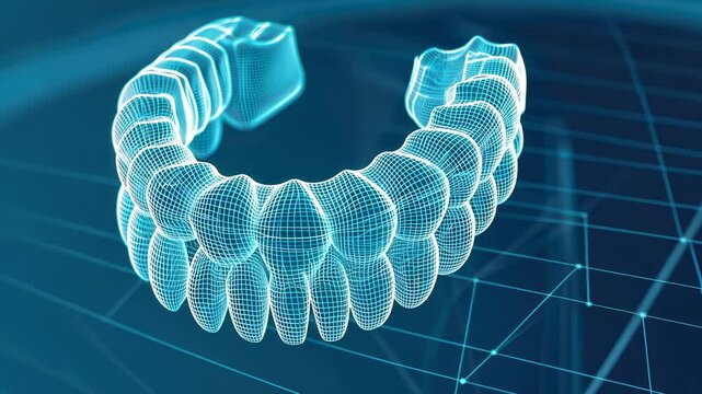 A 3D digital illustration of a dental aligner