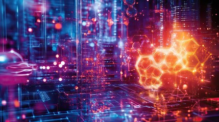 Abstract Cityscape with Glowing Lines and Hexagonal Structures