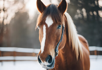Obraz premium A close-up portrait of a horse. The horse's expressive eyes and strong features are highlighted against a blurred background, creating a serene and captivating image.