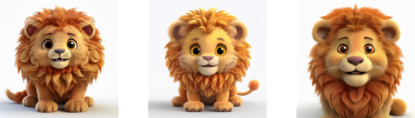 Three cartoon lion cubs in different poses, isolated on white background.