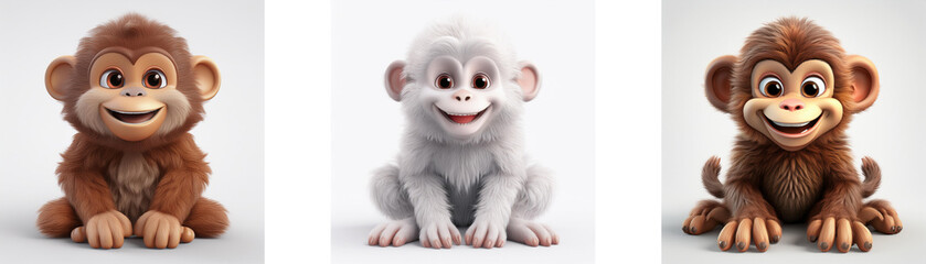 Fototapeta premium Three cartoon monkeys with different fur colors sitting upright with smiles isolated on white background.