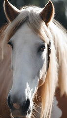 Naklejka premium A close-up portrait of a horse. The horse's expressive eyes and strong features are highlighted against a blurred background, creating a serene and captivating image.