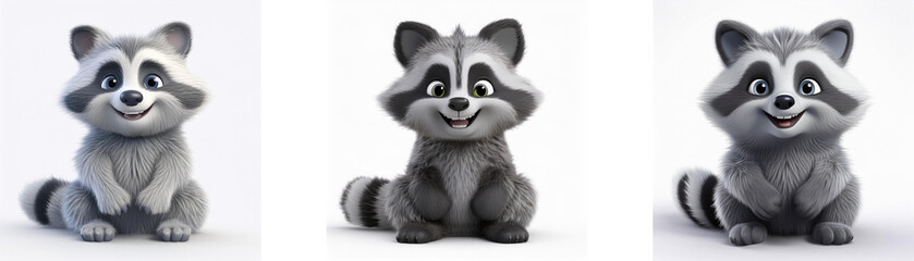 Obraz premium Three cartoon raccoons are sitting and smiling. They have black eyes, white noses, and black and white ringed tails. Isolated on white background.