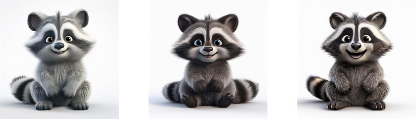 Obraz premium Three cartoon raccoons are sitting in various poses. Each raccoon is smiling and has a ringed tail. They are isolated on a white background.