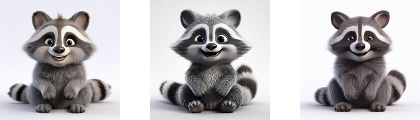 Obraz premium Three cartoon raccoons with black eyes, grey fur, and white masks are sitting with their paws in front of them and their tails behind them, isolated on white background.