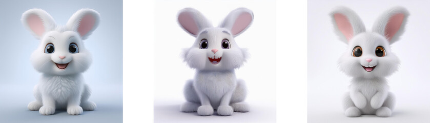 Obraz premium Three cute white bunnies sitting on a white background.