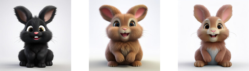 Obraz premium Three cartoon rabbits sitting and facing the camera. The rabbits are black, brown, and brown with a white spot on their chest. They are isolated on a white background.