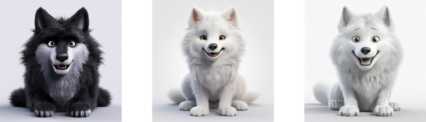 Obraz premium Three cartoon wolves, one black, two white, sitting on a white background.