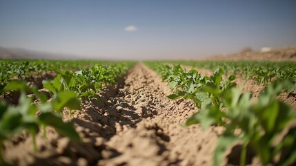 Rows of young green plants growing in a field.