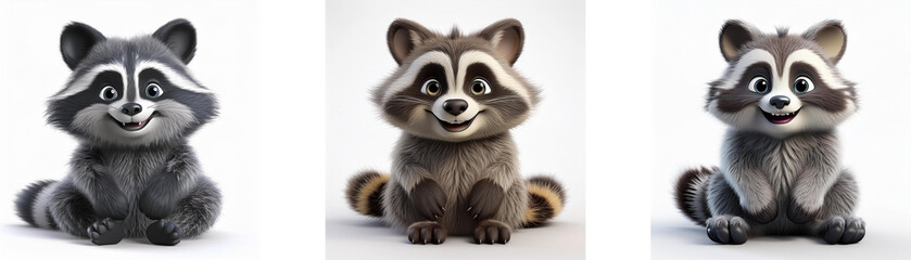 Obraz premium Three cartoon raccoons sit on their haunches, facing forward, with their tails behind them. They are isolated on a white background.