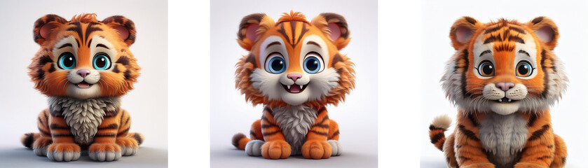 Three cartoon tiger cubs sitting with their paws in front of them, isolated on white background.