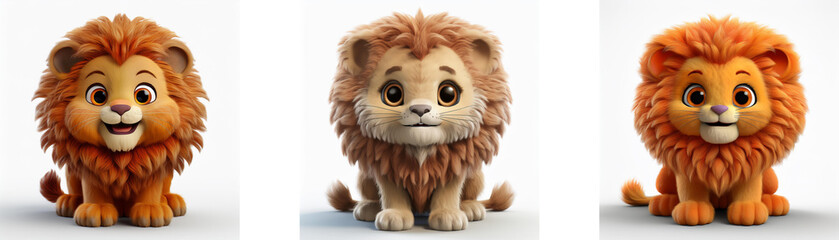Fototapeta premium Three cartoon lion cubs sitting and facing forward isolated on a white background.