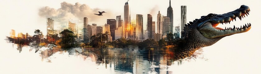 Obraz premium Crocodile silhouette, skyscrapers with water reflections, double exposure, urban swamp, modern cityscape