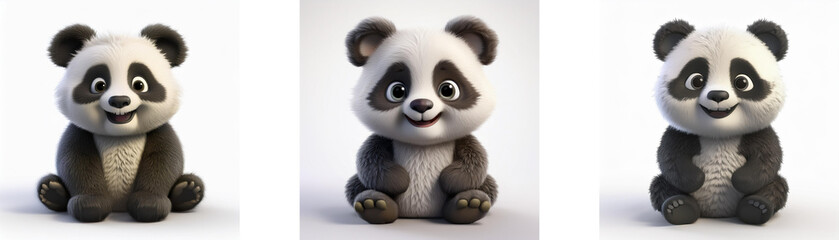 Three cartoon pandas sitting with smiling faces isolated on white background.
