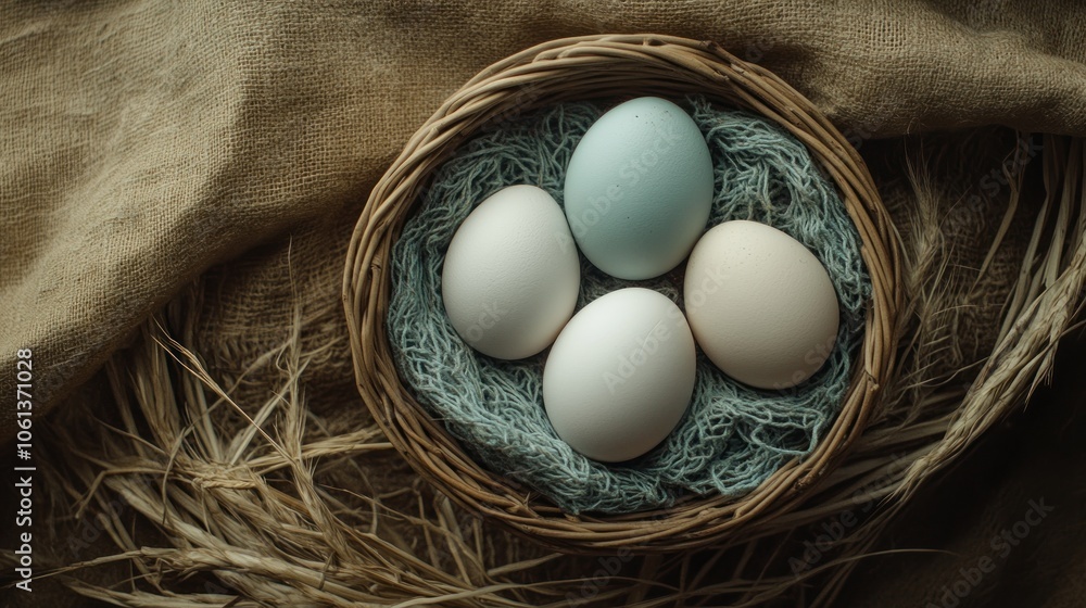 Poster four eggs nestled in a wicker basket with burlap and straw
