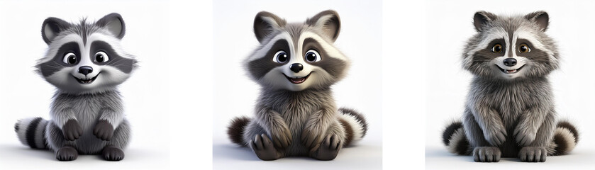 Obraz premium Three cartoon raccoons with happy expressions are sitting on a white background.