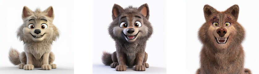 Obraz premium Three cartoon wolves, each with different fur colors, are sitting and smiling, isolated on a white background.