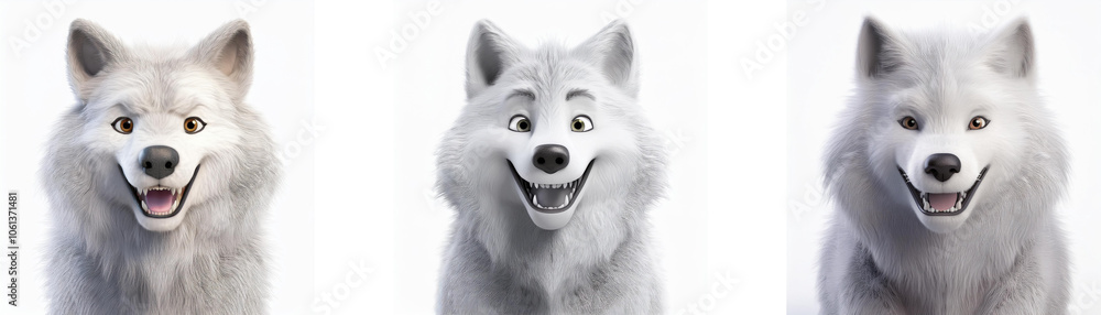 Poster three white wolves with happy expressions looking directly at the camera isolated on white backgroun