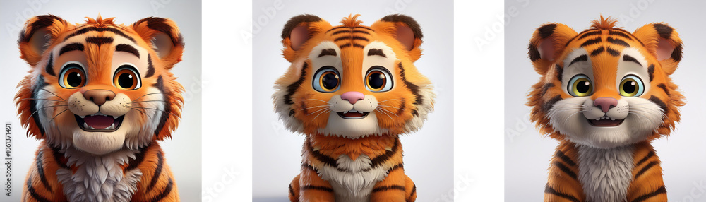 Poster three cartoon tiger cubs, each with a different expression, are looking at the viewer. they are isol