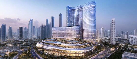 Obraz premium Modern skyscraper complex with sleek design amidst a city skyline at dusk.