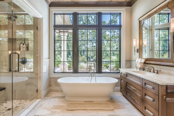 Fototapeta premium Luxurious bathroom featuring freestanding bathtub, large windows, and elegant wooden cabinetry. serene view enhances tranquil atmosphere, perfect for relaxation