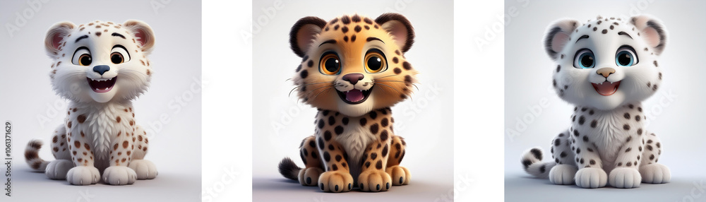 Poster three cartoon leopards with different color fur sitting in a row, isolated on white background.